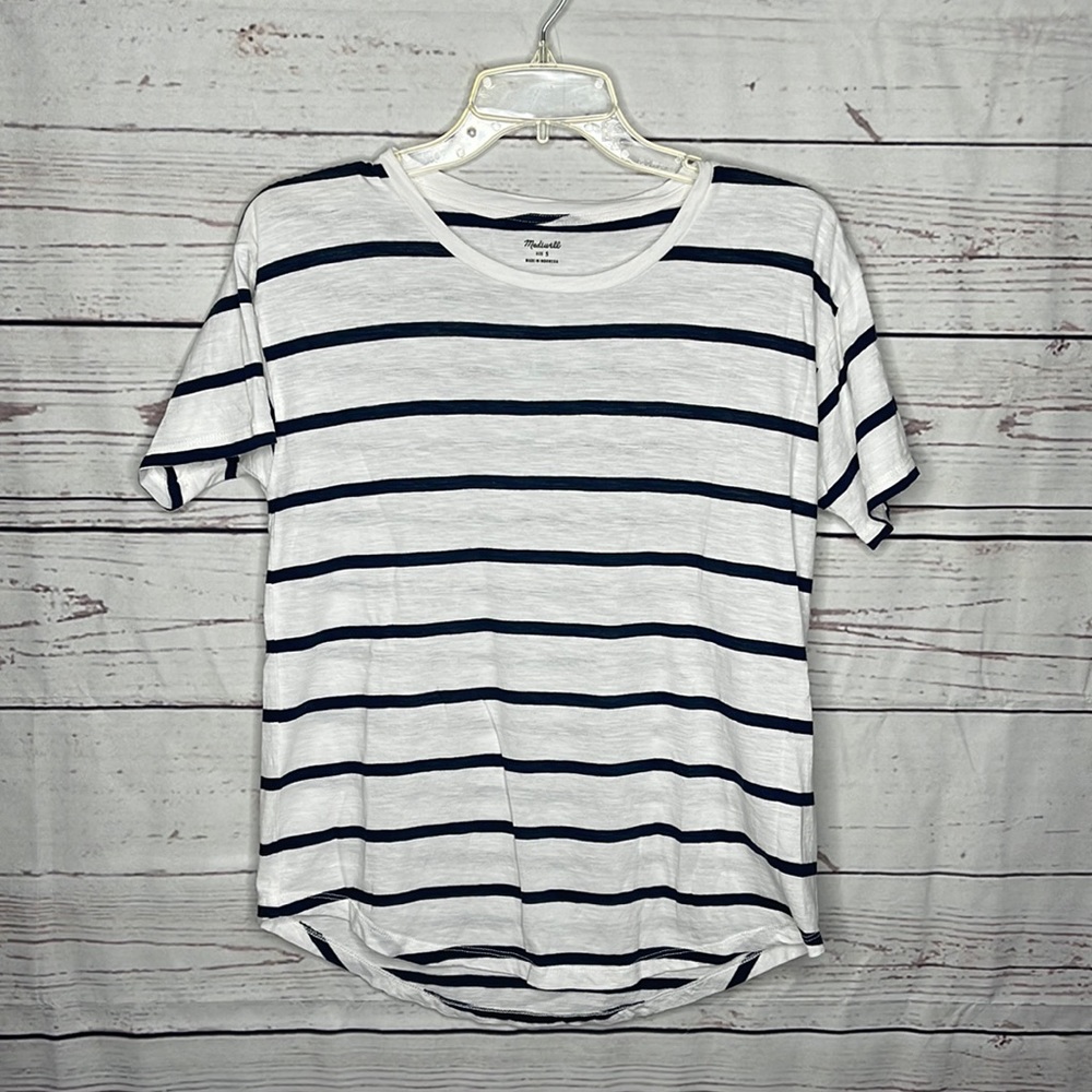 Madewell White and Navy Striped Short Sleeve Tee